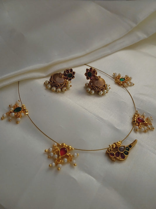 Parrot & Flowers with jhumka - Invisible necklace